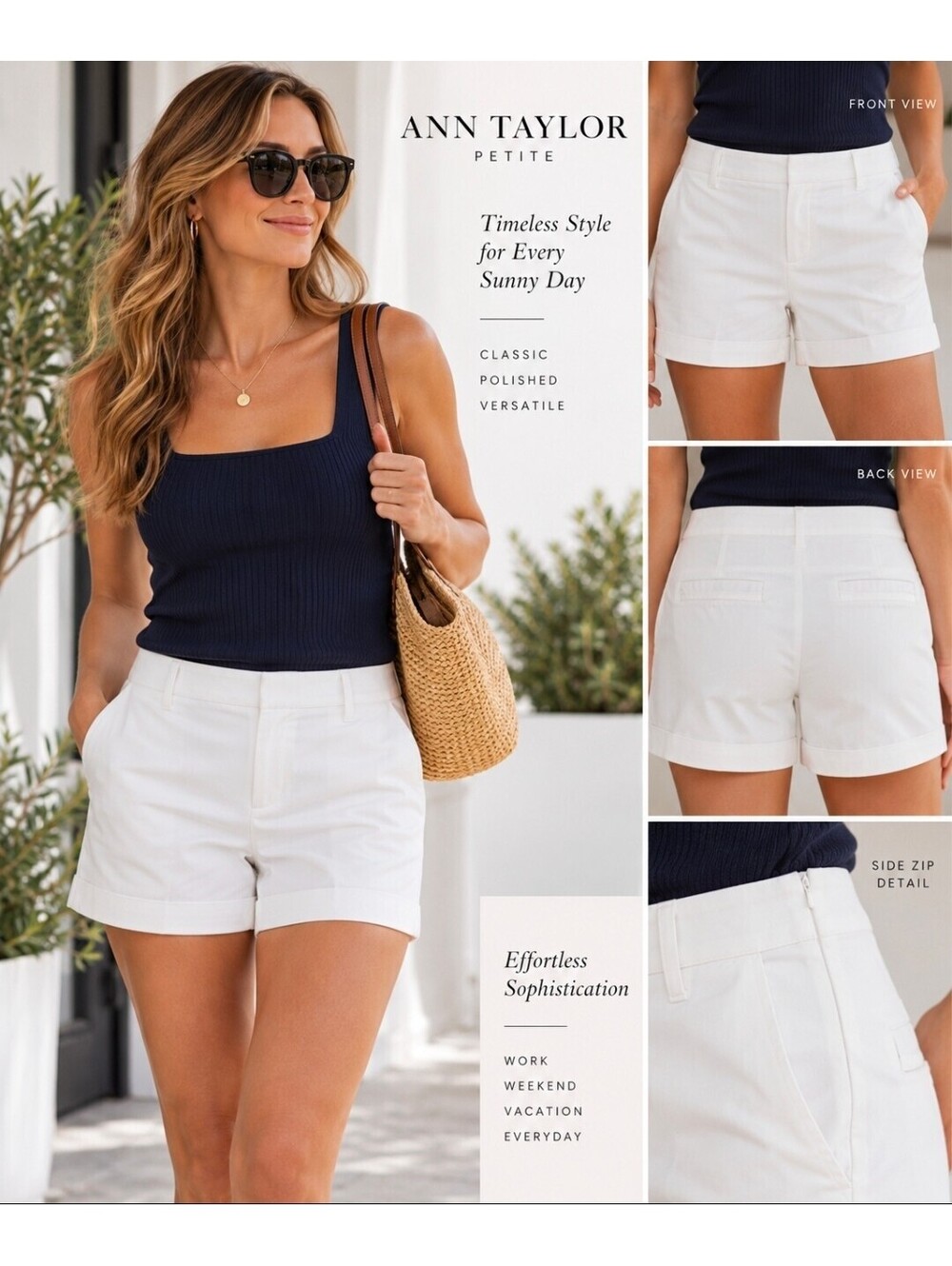 Ann Taylor Petite Women’s White Tailored Cuffed Shorts Side Zip Preppy